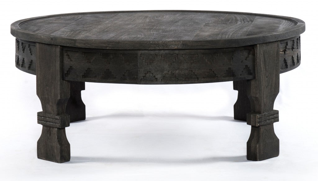 Black Carved Round Wooden Coffee Table By Homeroots | Coffee Tables | Modishstore - 2