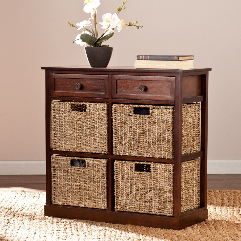 Mahogany And Seagrass Basket Storage Shelving Unit By Homeroots | Cabinets | Modishstore - 2