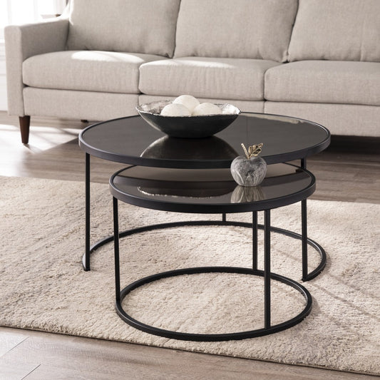 Set of Two Black And Silver Mirrored Round Nested Coffee Table Set By Homeroots | Coffee Tables | Modishstore