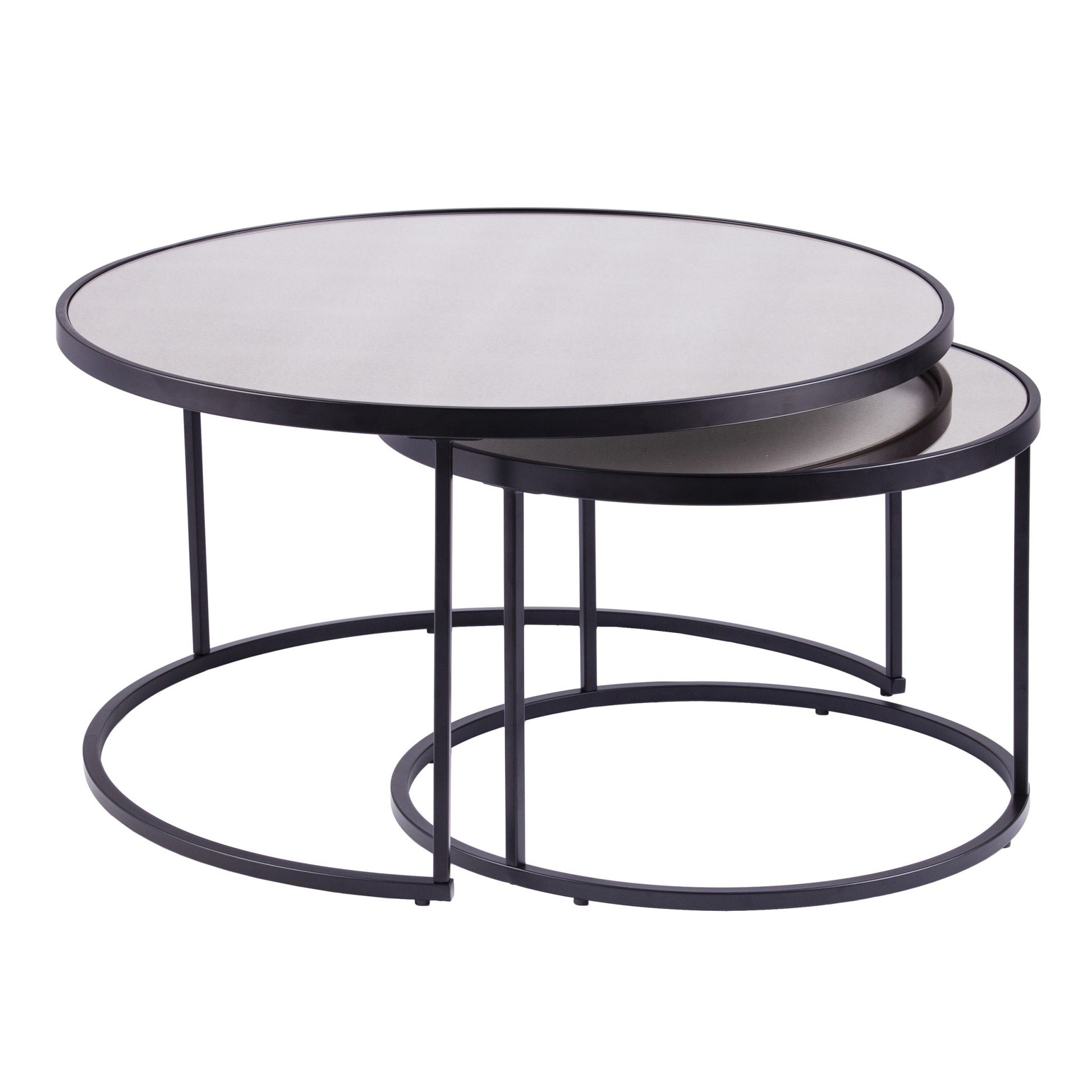 Set of Two Black And Silver Mirrored Round Nested Coffee Table Set By Homeroots | Coffee Tables | Modishstore - 2