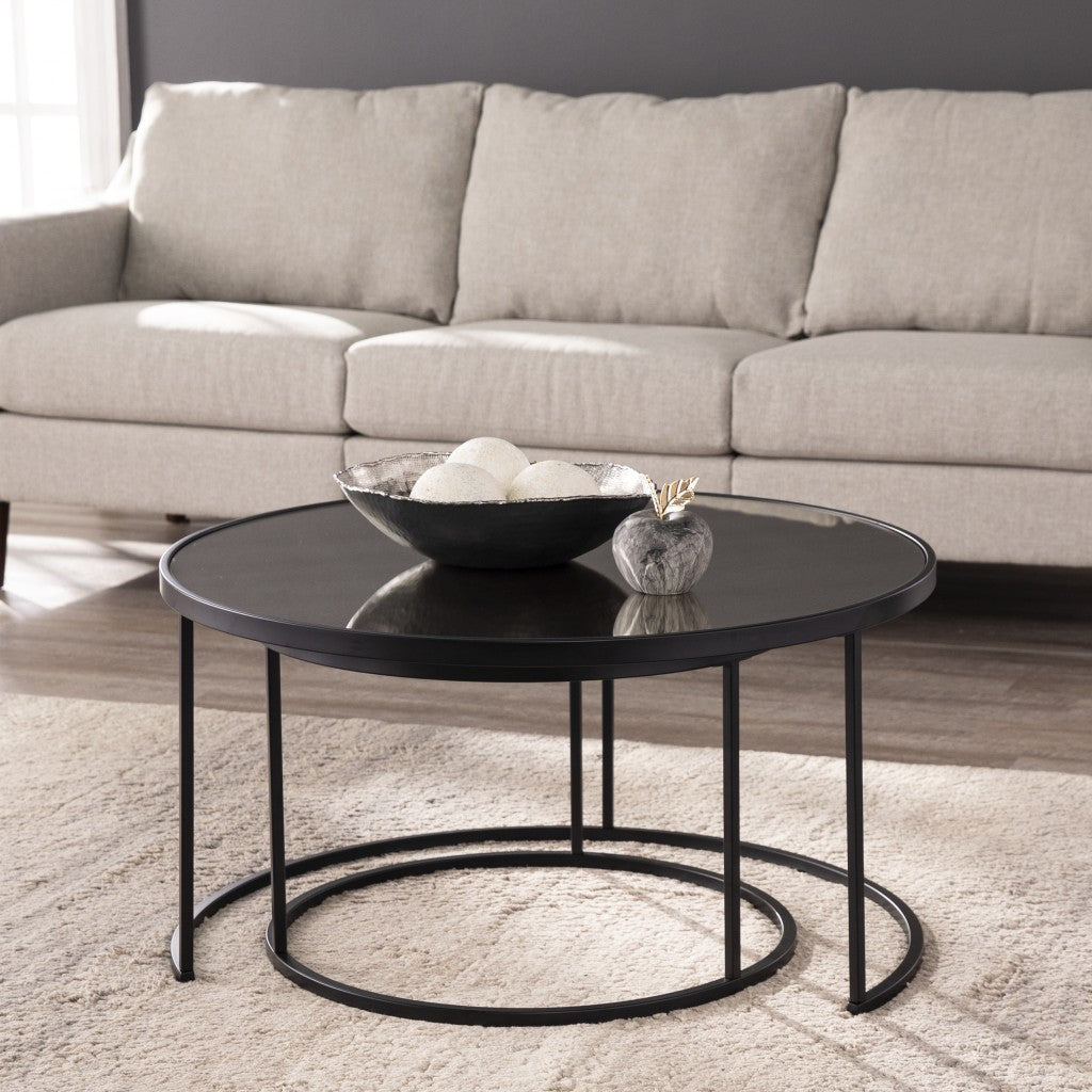 Set of Two Black And Silver Mirrored Round Nested Coffee Table Set By Homeroots | Coffee Tables | Modishstore - 7