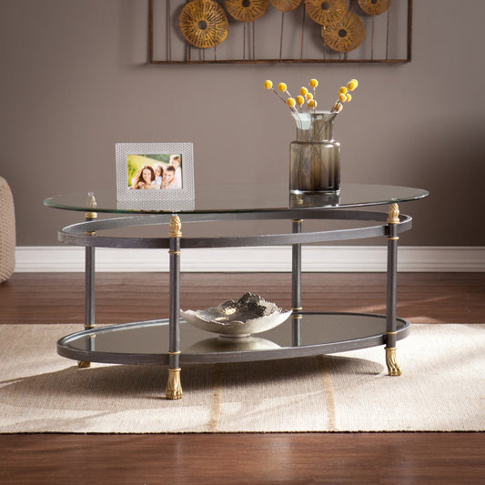 42" Gray Glass And Metal Oval Mirrored Coffee Table By Homeroots | Coffee Tables | Modishstore