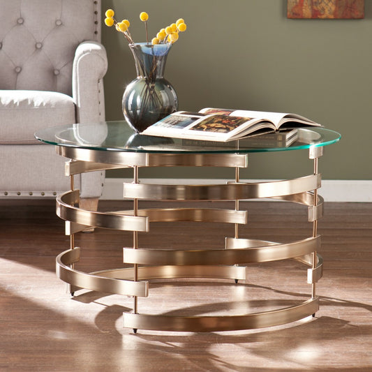 32" Champagne Glass And Metal Round Coffee Table By Homeroots