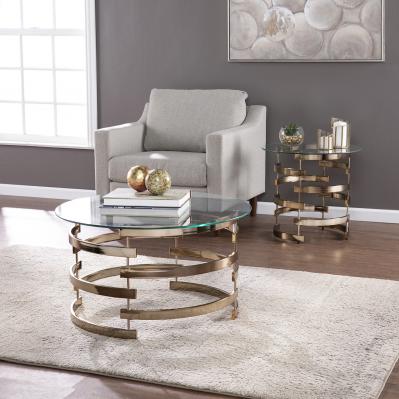 32" Champagne Glass And Metal Round Coffee Table By Homeroots