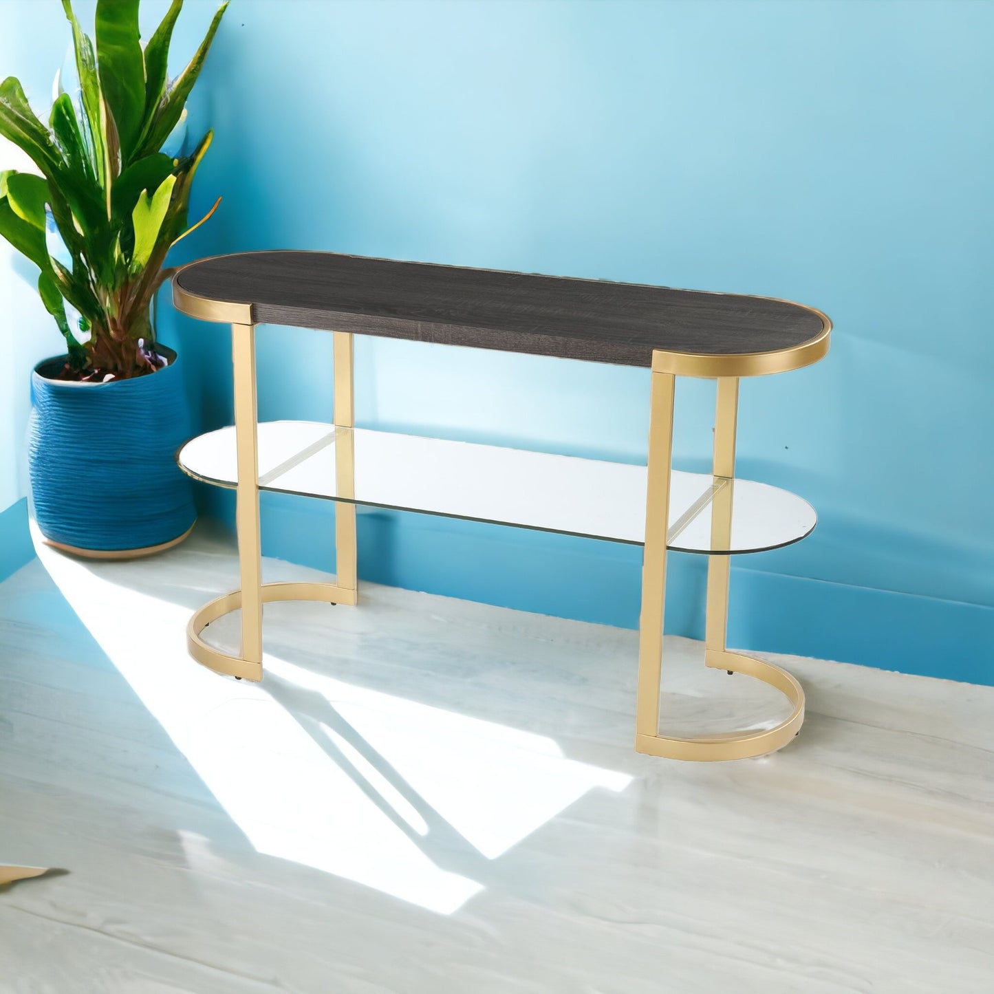 49" Gray and Gold Solid Wood Oval Sled Console Table With Storage By Homeroots