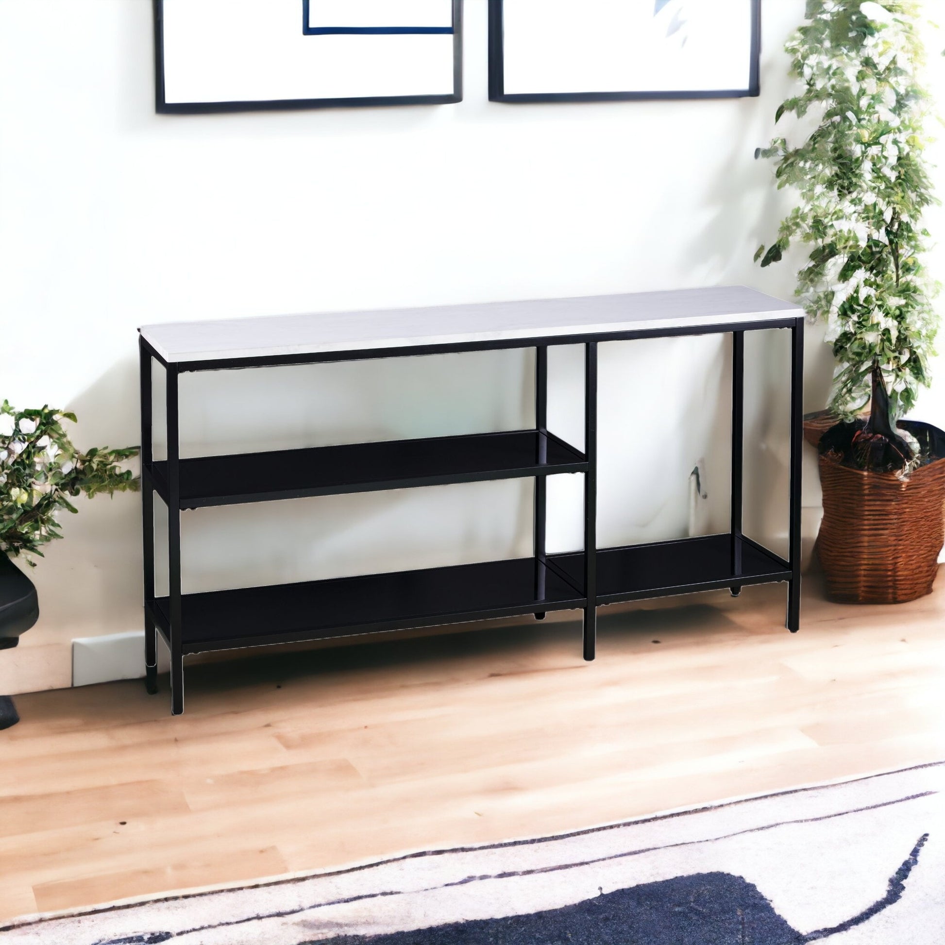 56" White and Black Faux Marble Floor Shelf Console Table With Storage By Homeroots | Console Tables | Modishstore - 5