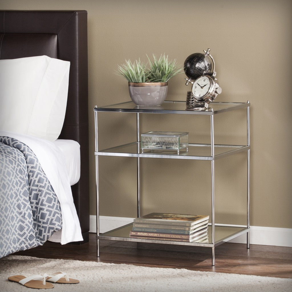 27" Chrome Glass And Iron Rectangular Mirrored End Table With Shelf By Homeroots | End Tables | Modishstore - 6