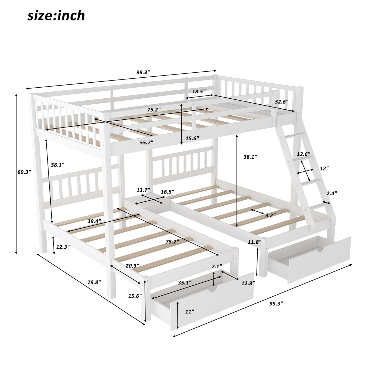 White Full Over Double Twin Triple Bunk Beds With Drawers By Homeroots | Beds | Modishstore - 7