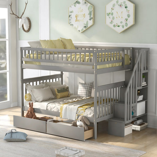 Gray Full Over Full Farmhouse Style Bunk Bed with Storage Staircase By Homeroots | Beds | Modishstore