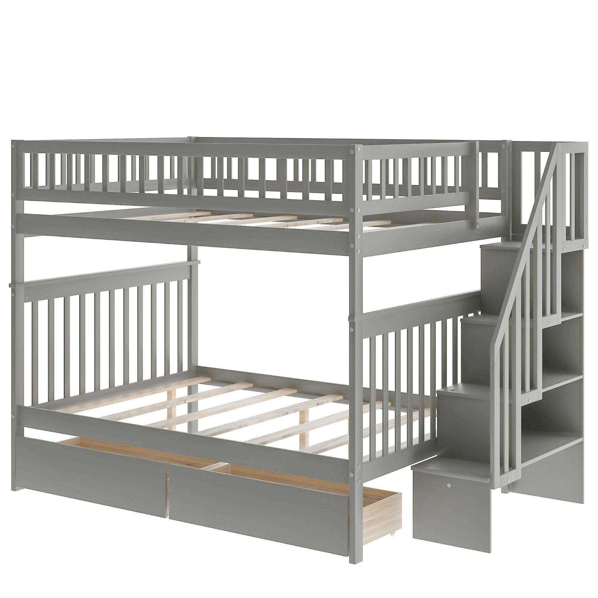 Gray Full Over Full Farmhouse Style Bunk Bed with Storage Staircase By Homeroots | Beds | Modishstore - 6