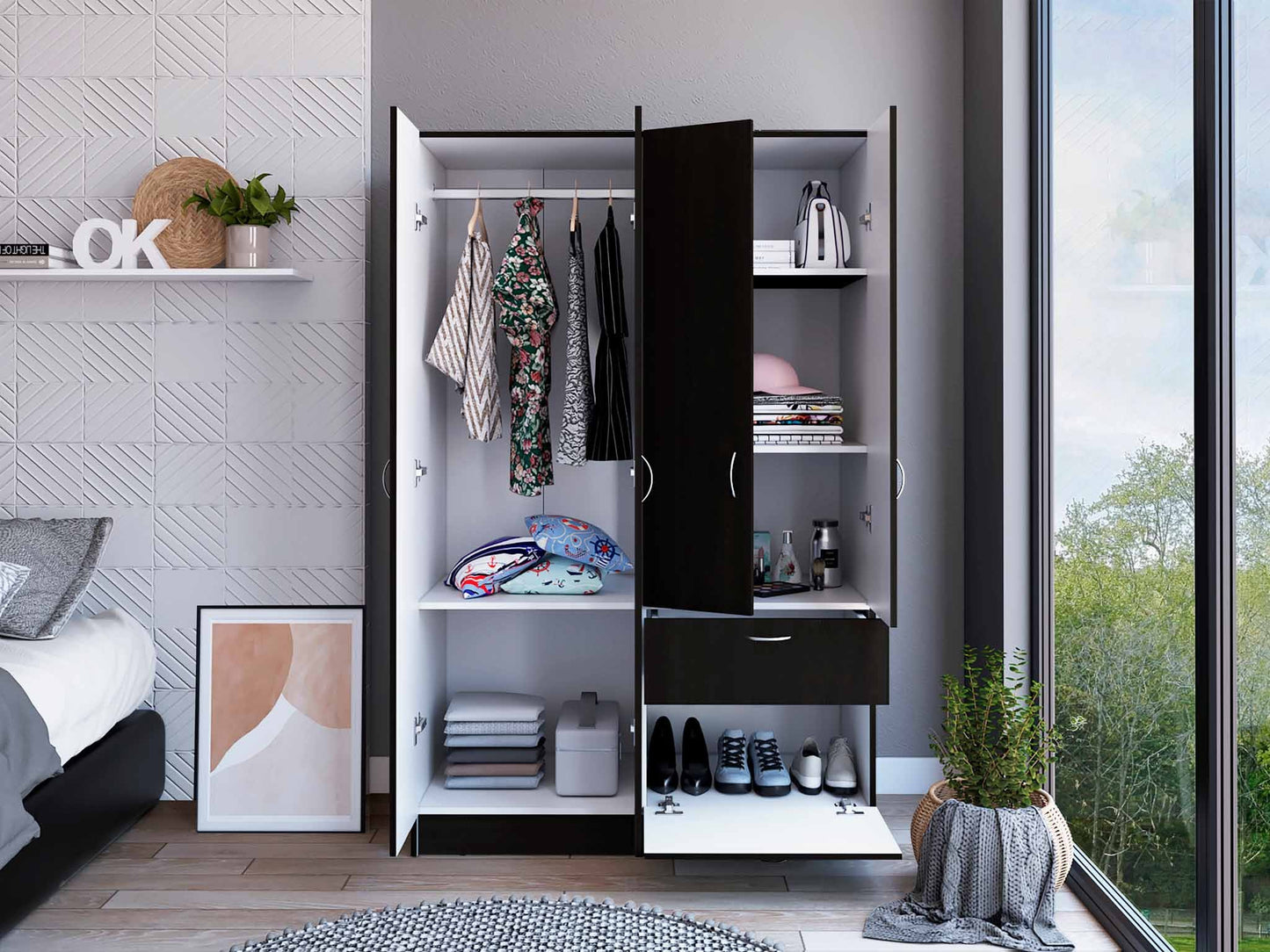 Black and White Tall Four Door Closet By Homeroots | Armoires & Wardrobes | Modishstore - 4