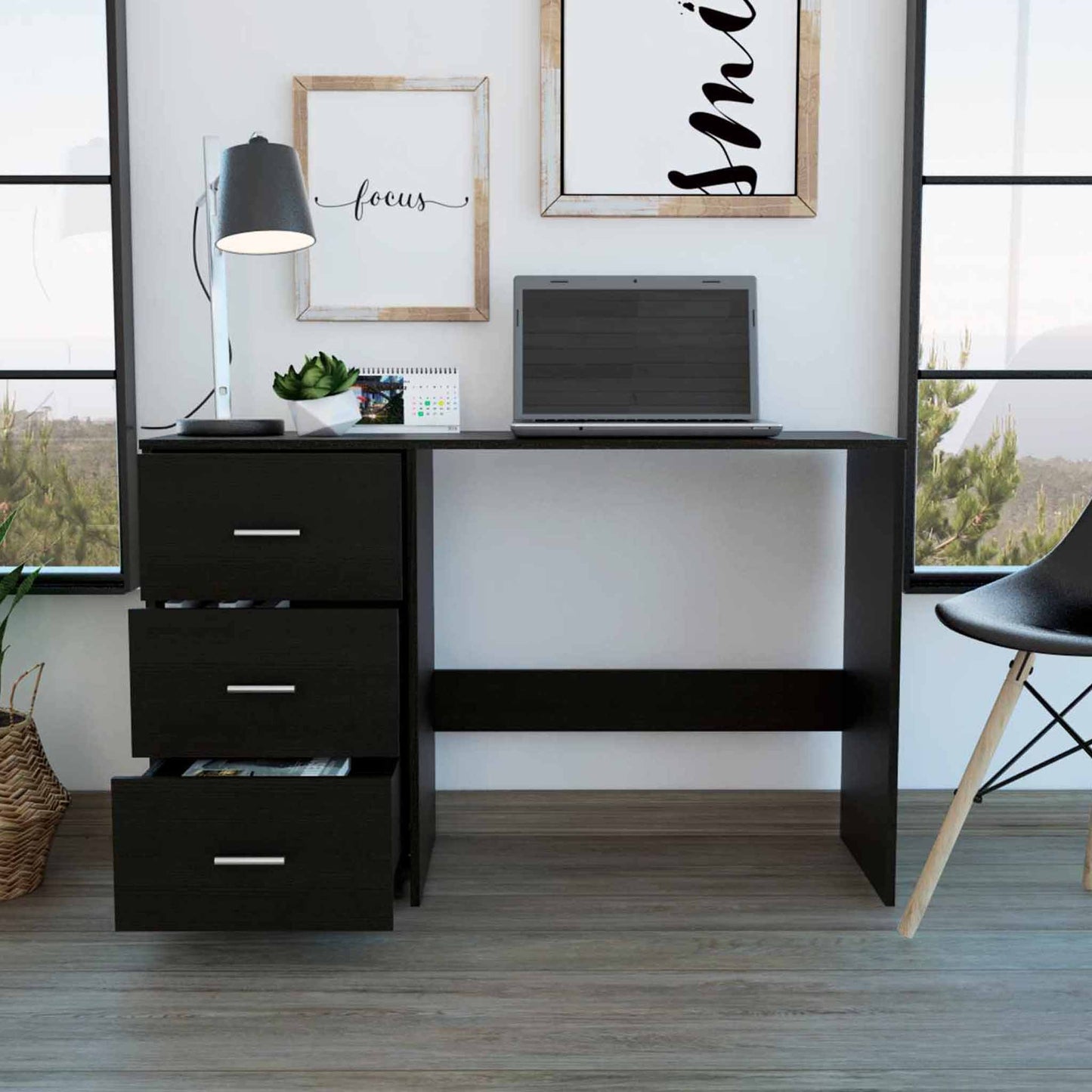 Echo Black Computer Desk with Three Drawers By Homeroots - 403782 | Desks | Modishstore - 3