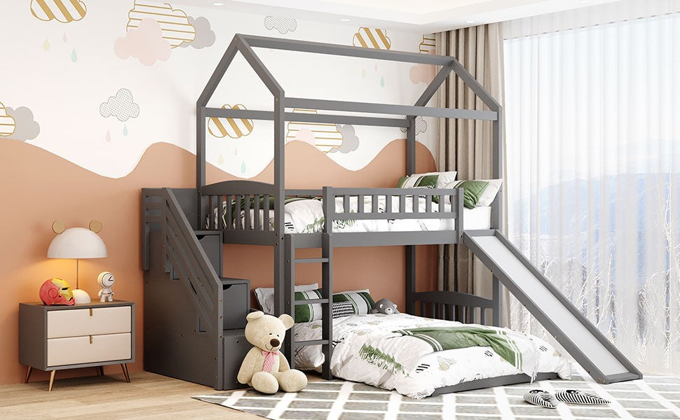 Gray Twin Over Twin Playhouse Perpendicular Bunk Bed With Slide By Homeroots | Beds | Modishstore - 3