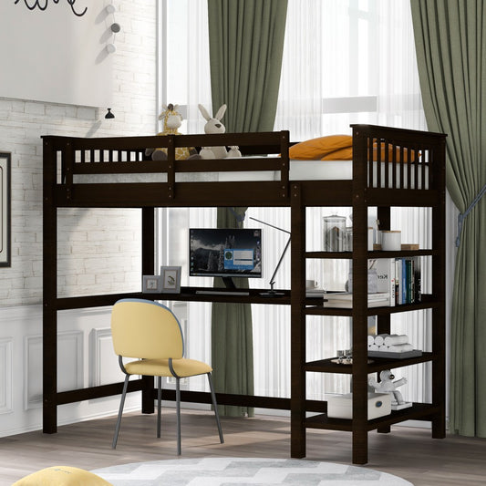 Espresso Twin Size Wood Loft Bed With Storage Shelves And Desk By Homeroots | Beds | Modishstore