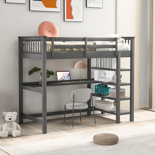 Gray Twin Size Wood Loft Bed With Storage Shelves And Desk By Homeroots | Beds | Modishstore