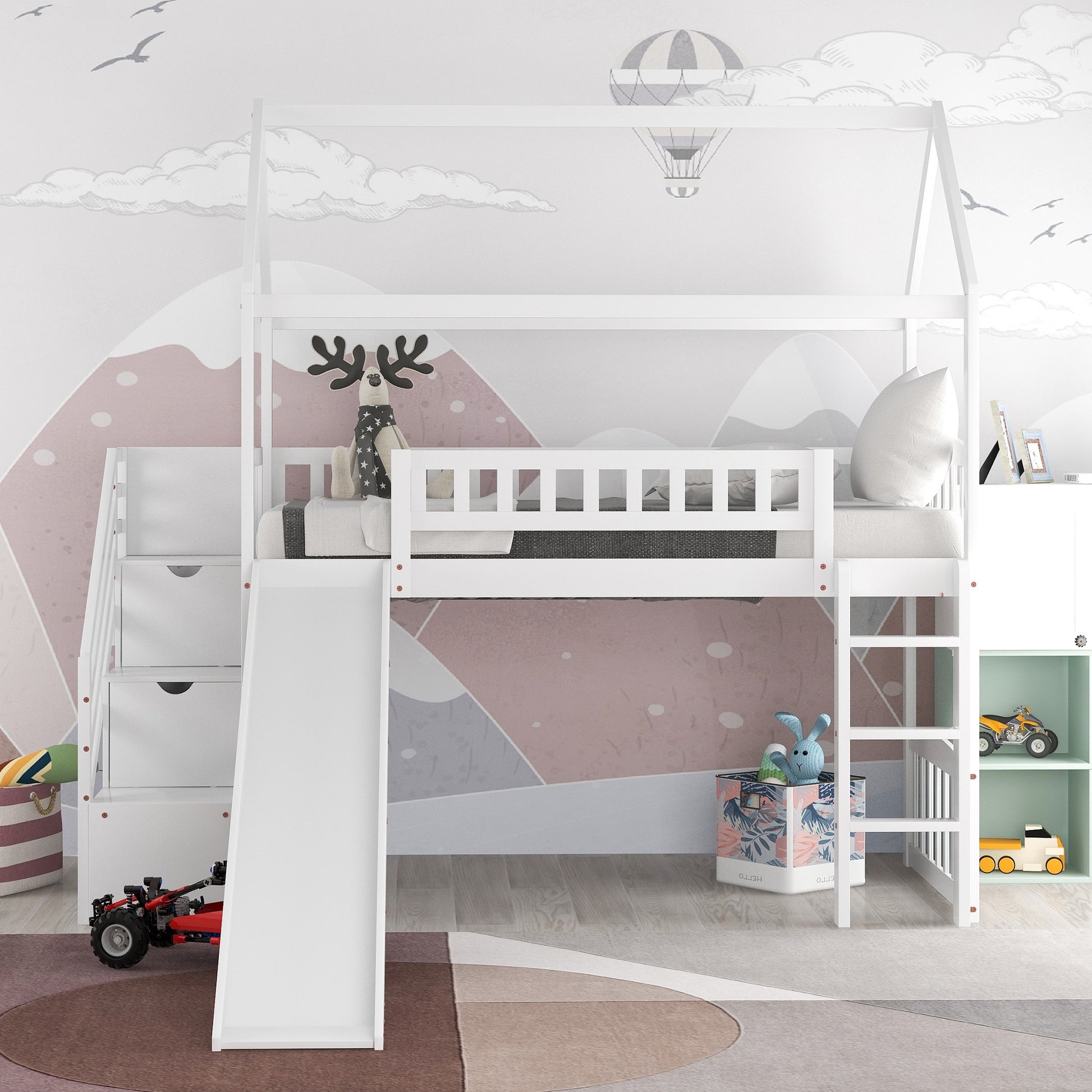 White Twin Size Playhouse Loft Bed With Drawers And Slide By Homeroots | Beds | Modishstore - 3