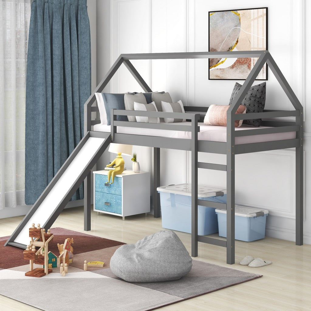 White Twin Size Slide House Loft Bed By Homeroots | Beds | Modishstore - 10