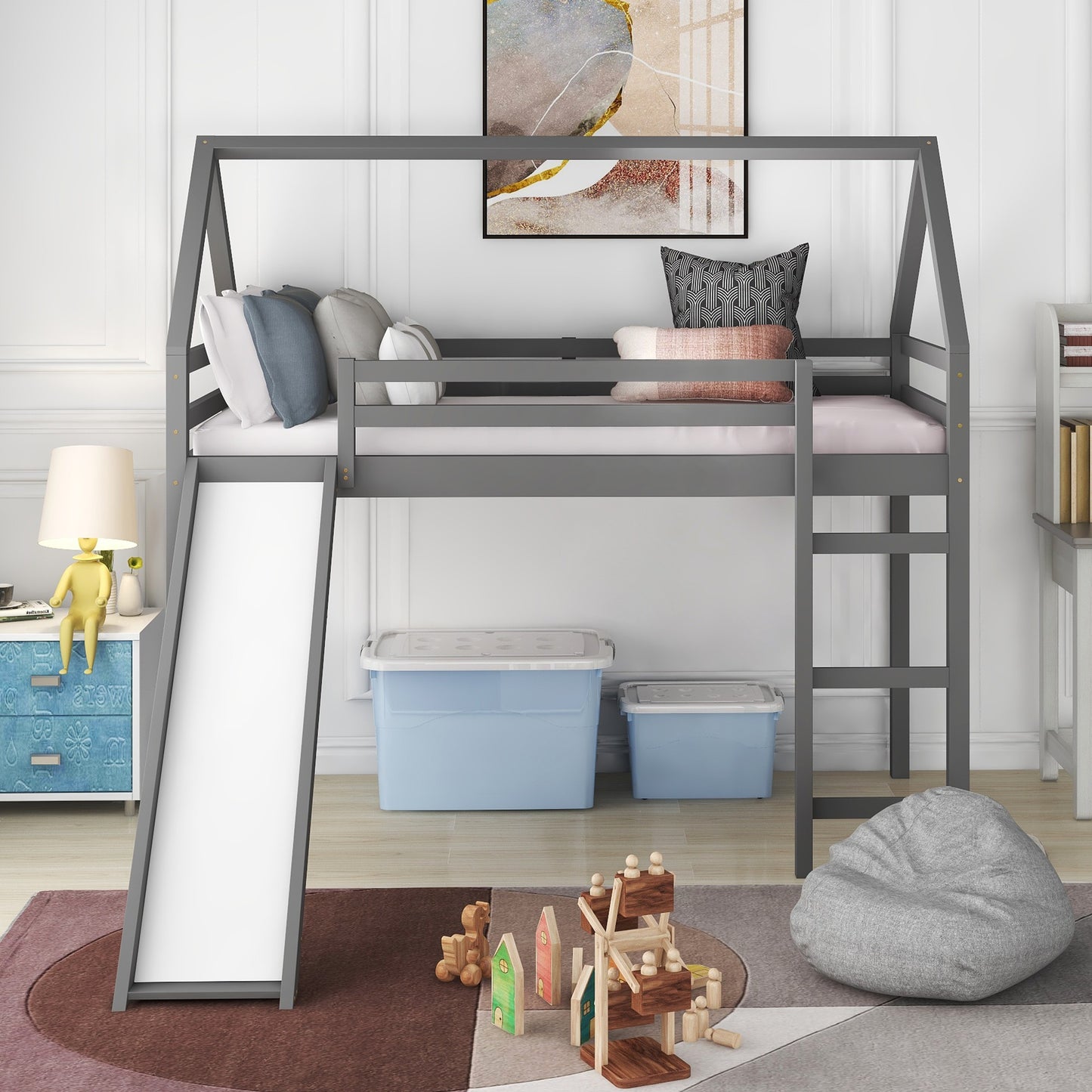 White Twin Size Slide House Loft Bed By Homeroots | Beds | Modishstore - 11