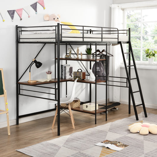 Black Twin Size Metal Loft Bed With Desk And Shelves By Homeroots | Beds | Modishstore