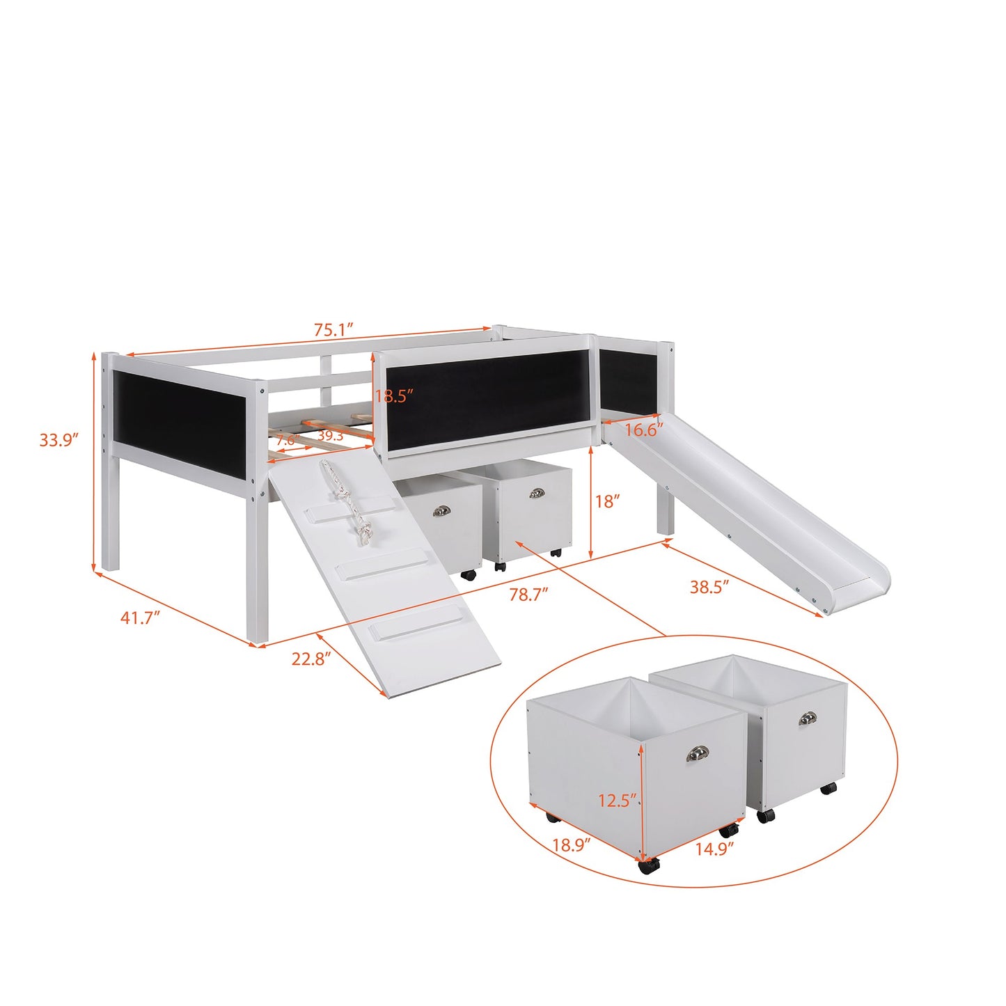 Climbing Frame Gray Twin Size Loft Bed With Slide And Storage Boxes By Homeroots | Beds | Modishstore - 15