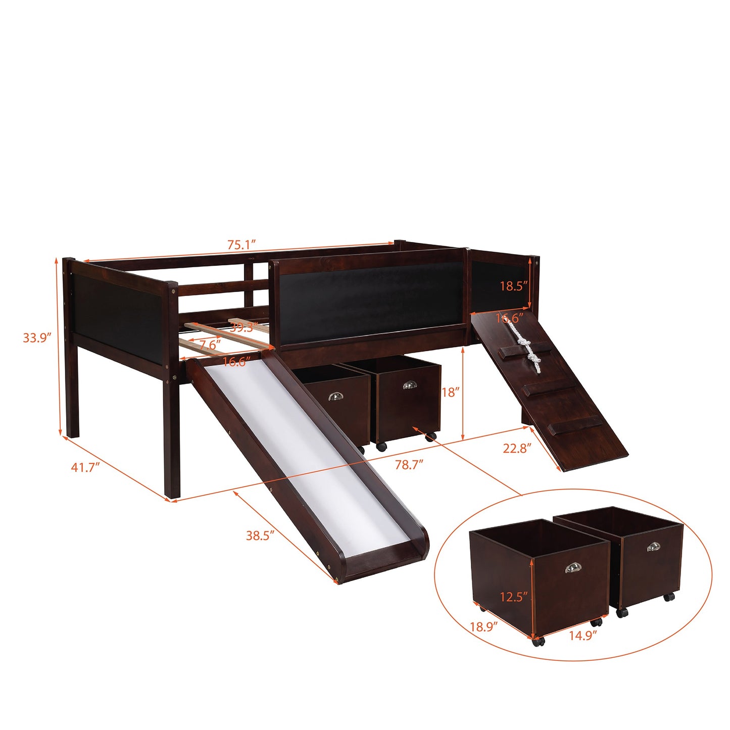 Climbing Frame Gray Twin Size Loft Bed With Slide And Storage Boxes By Homeroots | Beds | Modishstore - 33