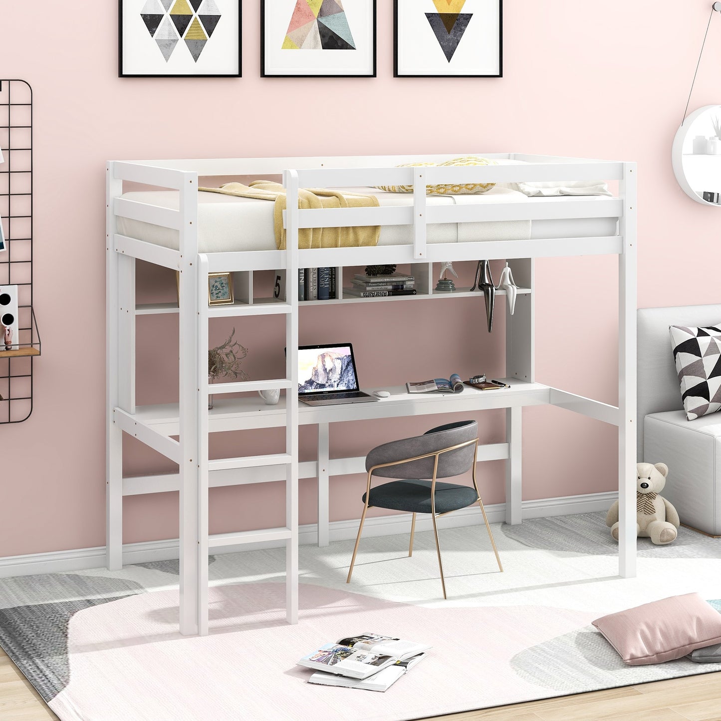 Minimalist Gray Twin Size Loft Bed With Built In Desk And Shelf By Homeroots | Beds | Modishstore - 10