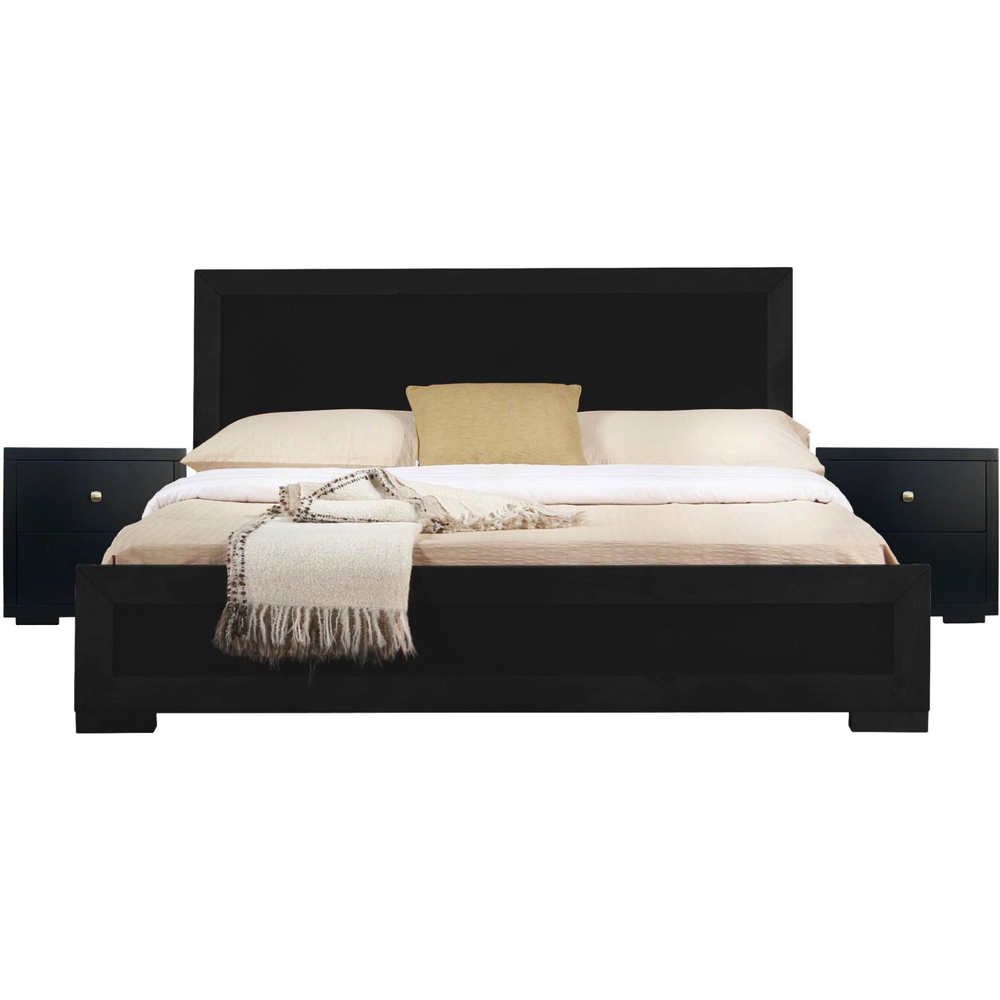 Moma Black Wood Platform King Bed With Two Nightstands By Homeroots | Beds | Modishstore - 2