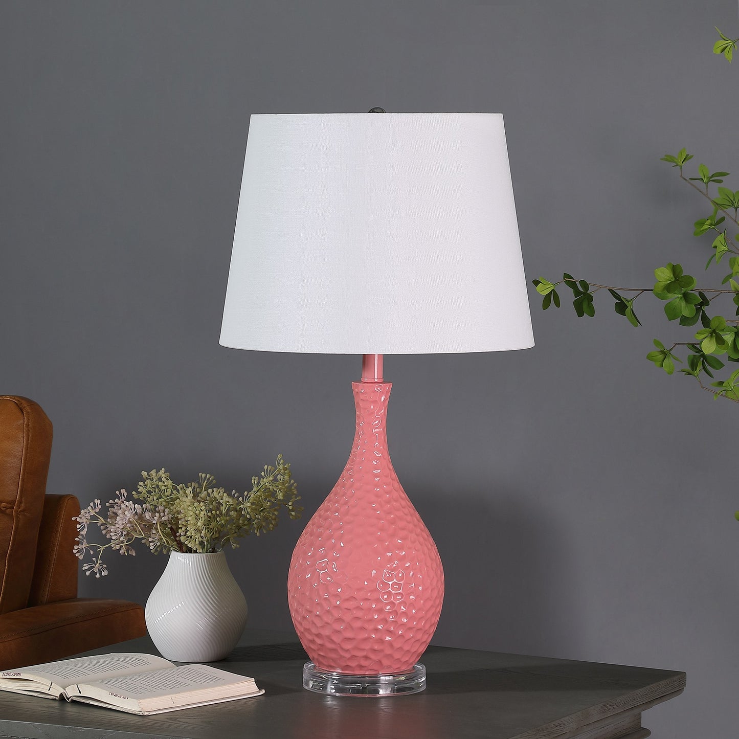 28" Pink Hammered Urn Table Lamp With White Tapered Drum Shade By Homeroots | Table Lamps | Modishstore - 2