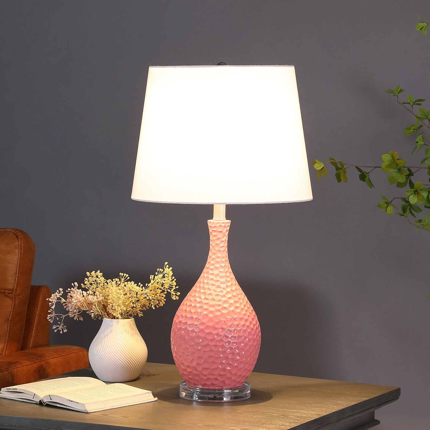 28" Pink Hammered Urn Table Lamp With White Tapered Drum Shade By Homeroots | Table Lamps | Modishstore - 3