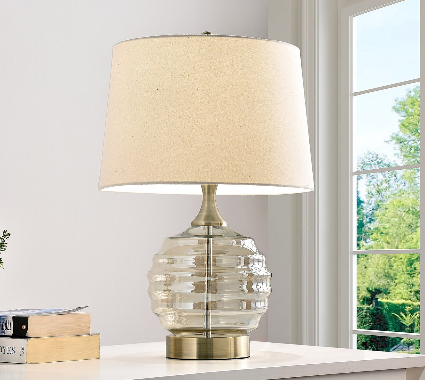 Textured Glass Table Lamp with Cream Fabric Shade By Homeroots | Table Lamps | Modishstore