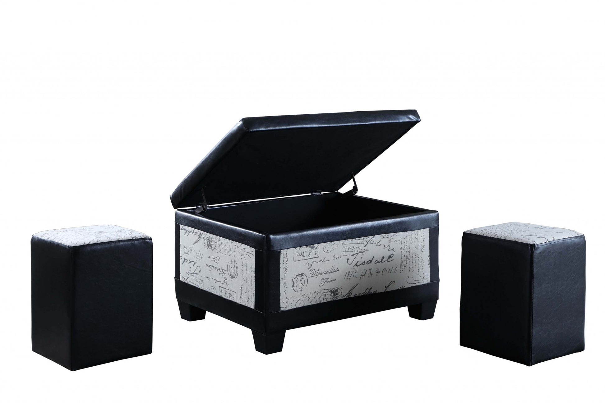 Black Postcard Faux Leather Storage Bench and Two Ottomans By Homeroots - 469416 | Benches | Modishstore - 2