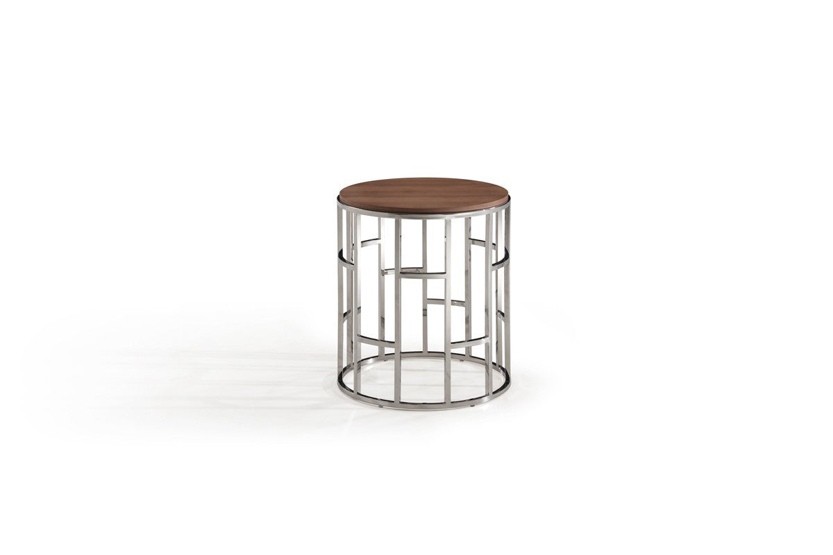 Stylish Silver And Walnut Round Geometric End or Side Table By Homeroots | End Tables | Modishstore - 2