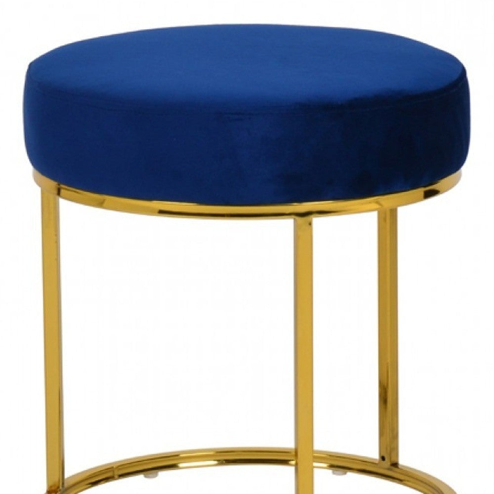 Compact Blue Velvet And Gold Round Ottoman By Homeroots | Ottomans | Modishstore - 5