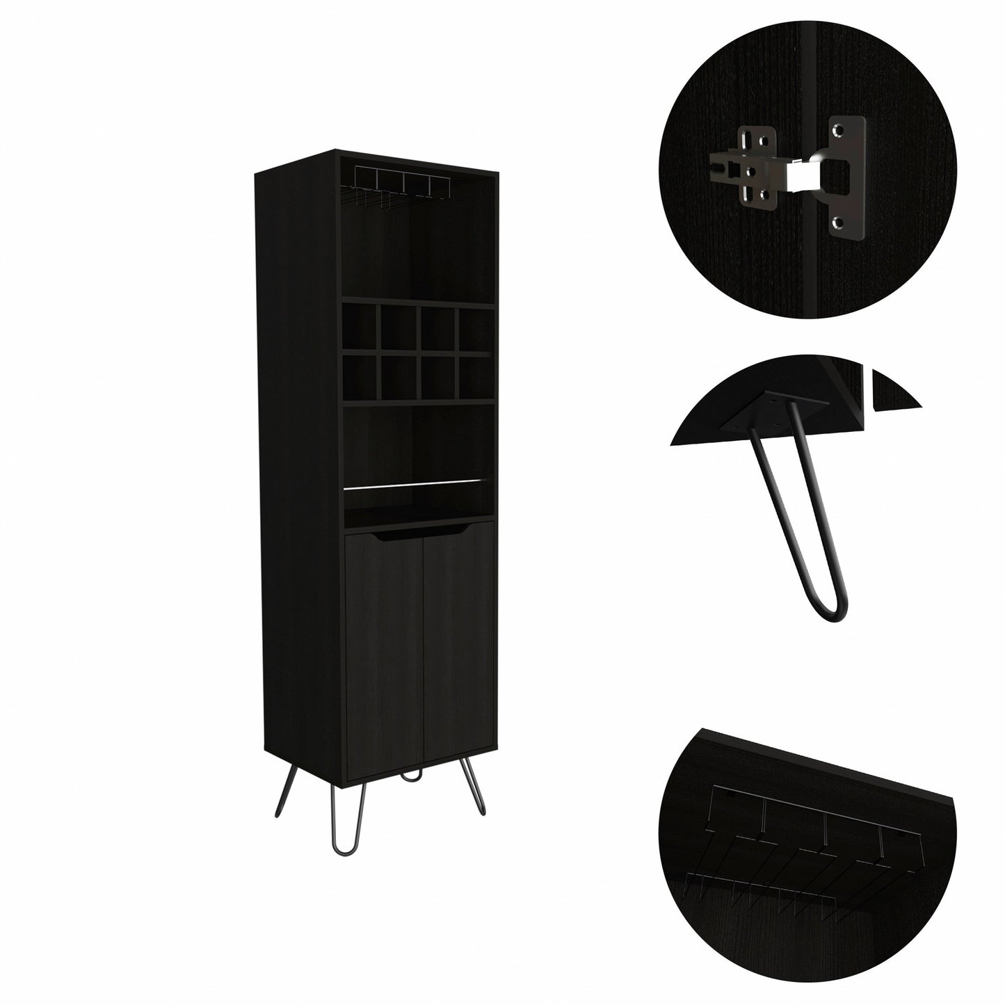 Black Tall Bar Cabinet with Two Door Panels and Top Wine Glass Rack By Homeroots | Cabinets | Modishstore - 4