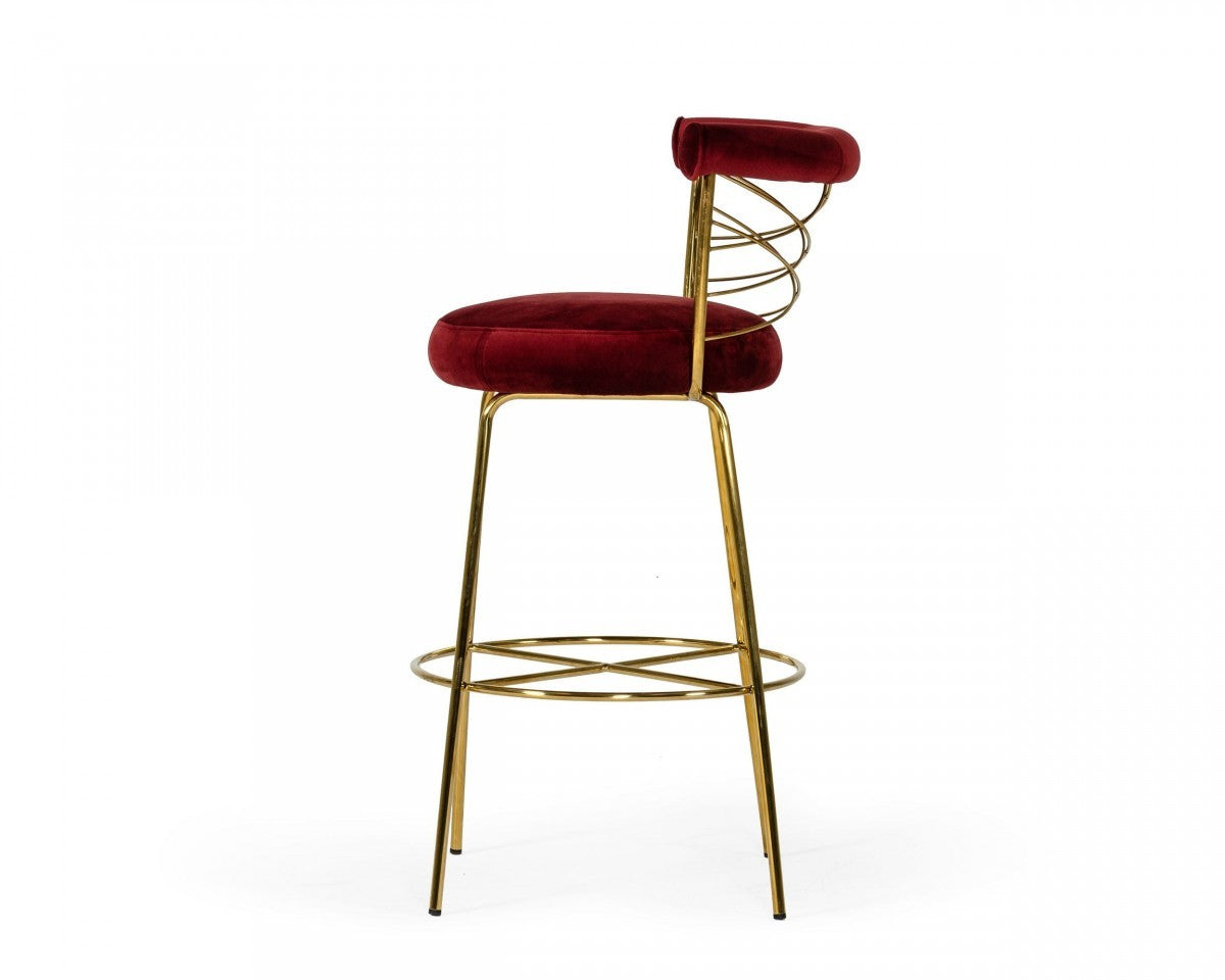 39" Red And Gold Velvet Low Back Bar Height Chair With Footrest By Homeroots | Bar Stools | Modishstore - 3