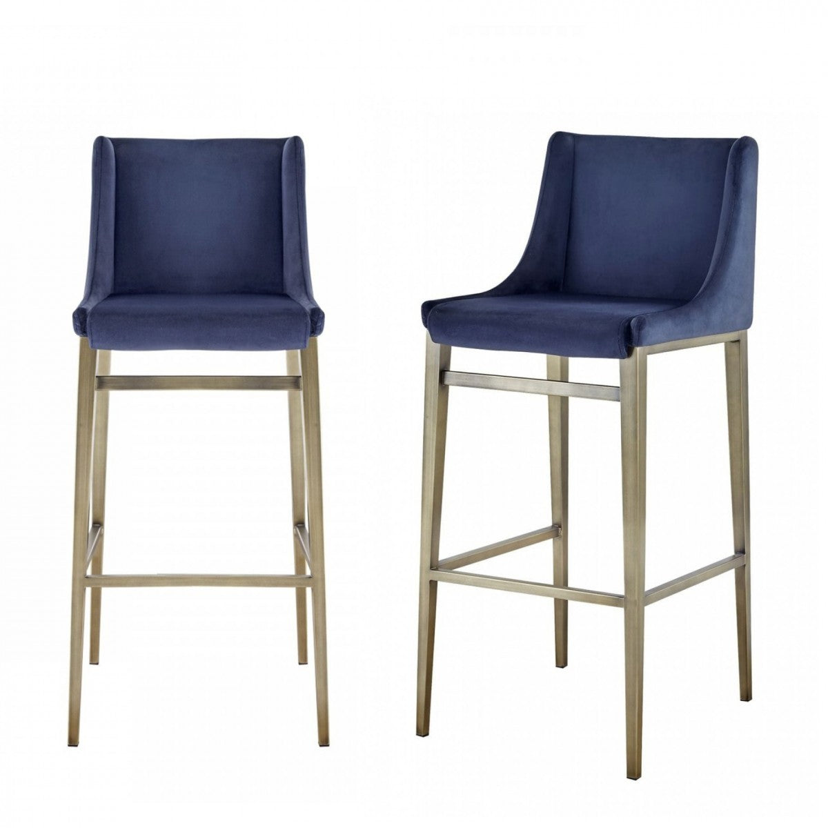 Set Of Two 41" Blue Velvet And Antiqued Gold Bar Height Chairs With Footrest By Homeroots | Bar Stools | Modishstore - 5