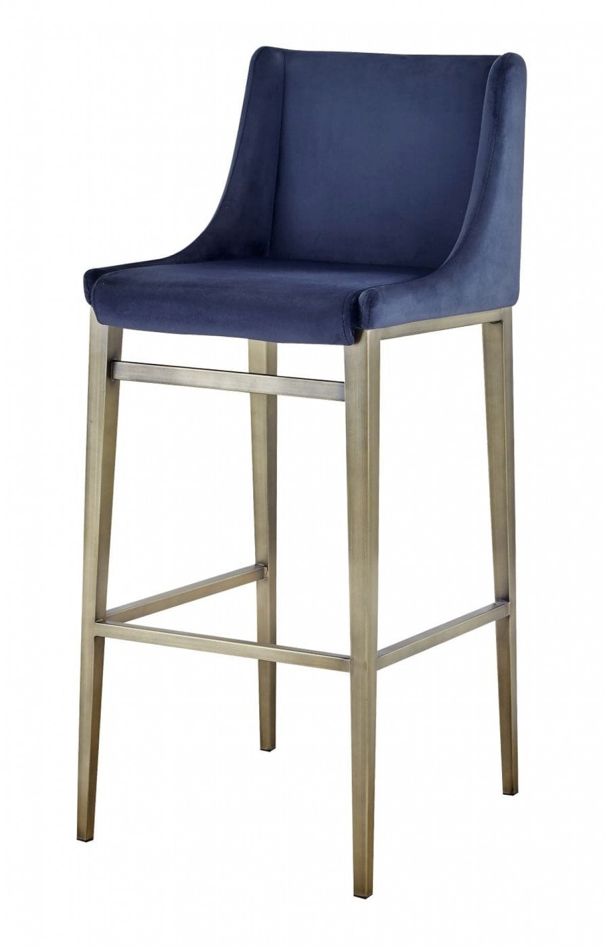 Set Of Two 41" Blue Velvet And Antiqued Gold Bar Height Chairs With Footrest By Homeroots | Bar Stools | Modishstore