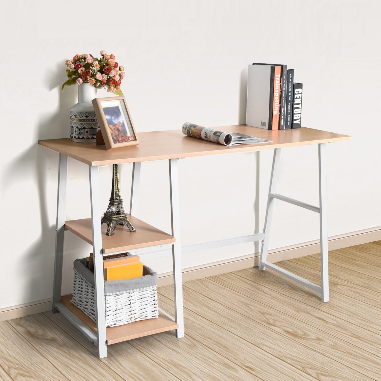 Modern Geo Beech Home Office Table With Storage Shelves By Homeroots | Desks | Modishstore - 2