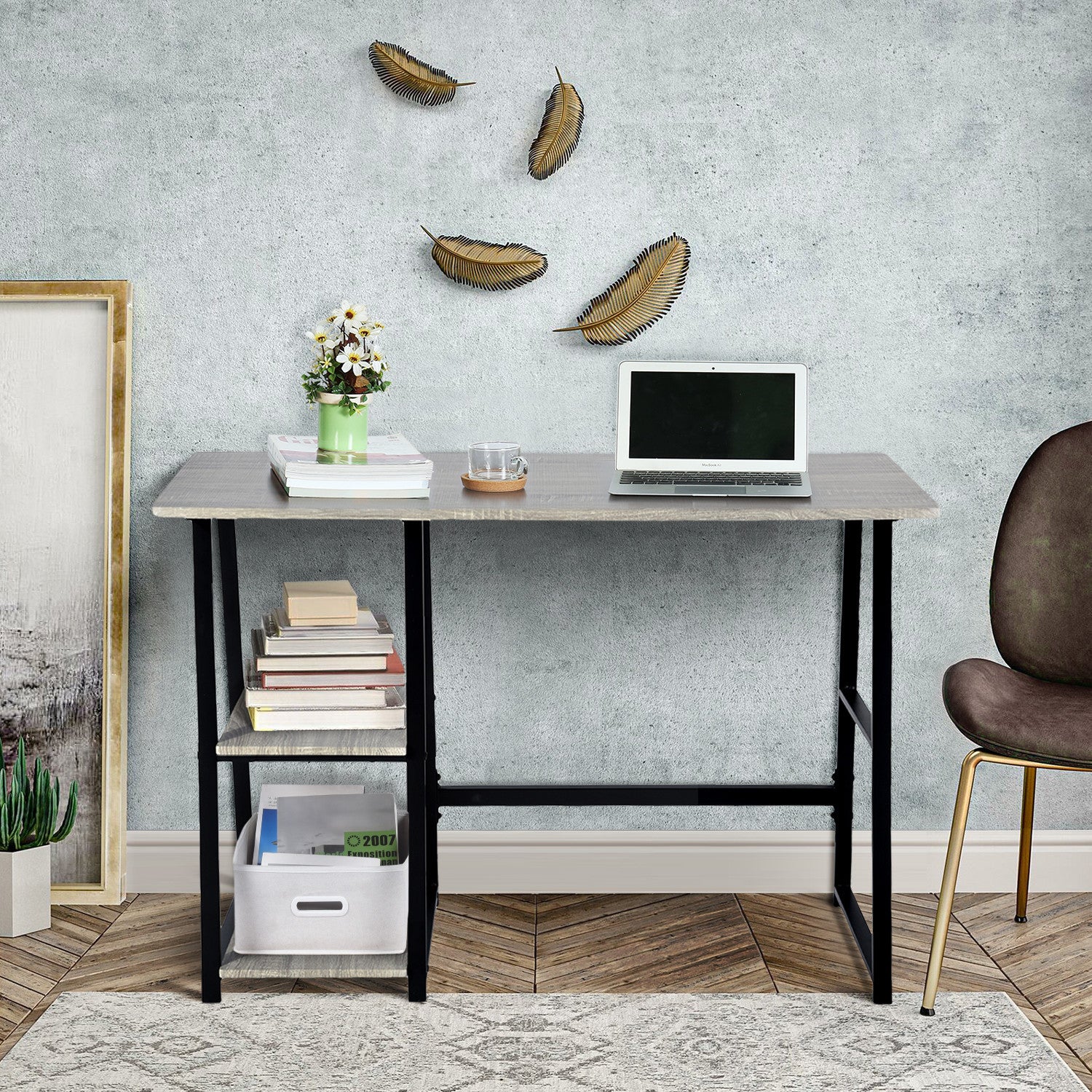 Modern Geo Dark Grey Home Office Table With Storage Shelves By Homeroots | Desks | Modishstore