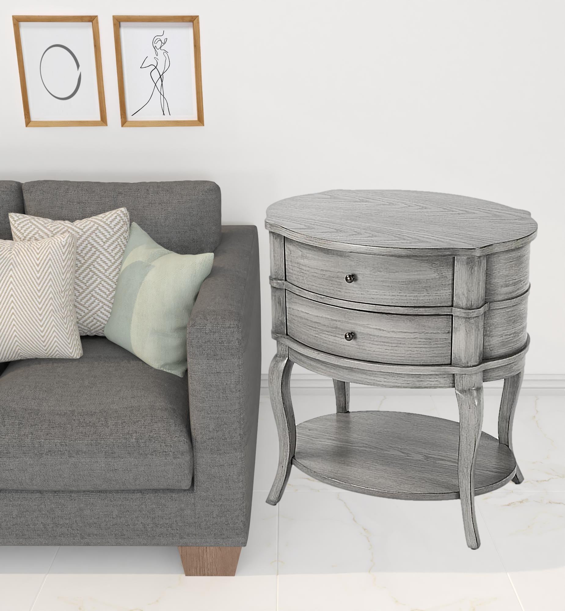 26" Gray Wood Oval End Table With Two Drawers And Shelf By Homeroots | End Tables | Modishstore