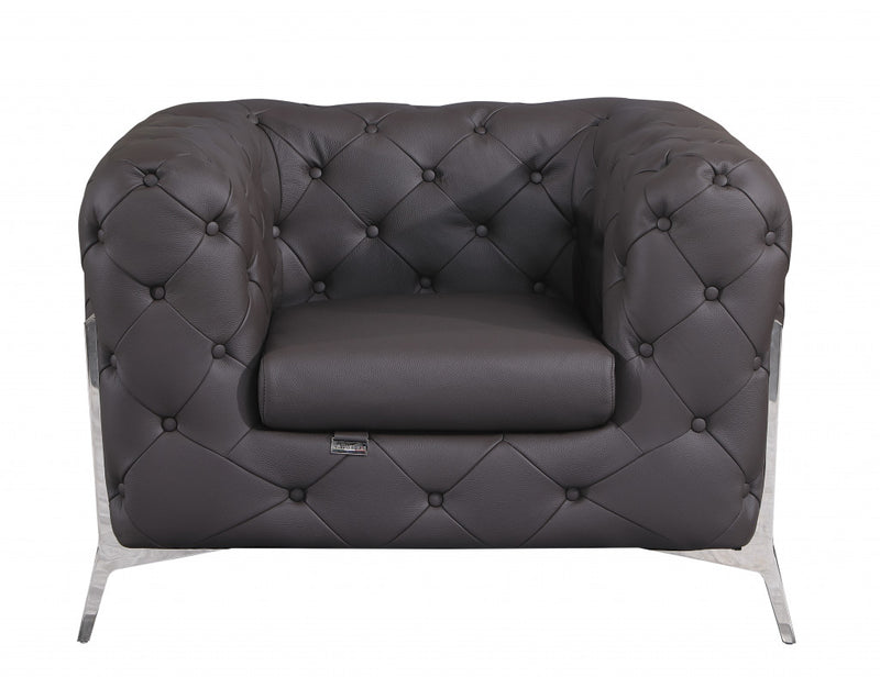 Glam Black and Chrome Tufted Leather Armchair By Homeroots | Armchairs | Modishstore - 6