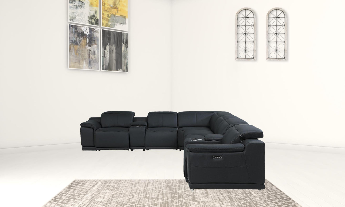 Black Italian Leather Power Reclining L Shaped Eight Piece Corner Sectional With Console By Homeroots | Sectional | Modishstore - 4