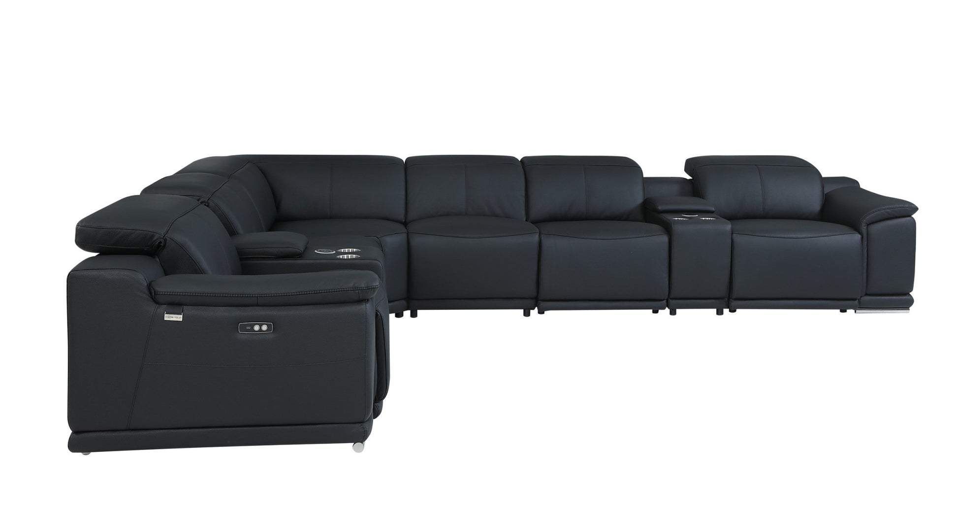 Black Italian Leather Power Reclining L Shaped Eight Piece Corner Sectional With Console By Homeroots | Sectional | Modishstore - 2