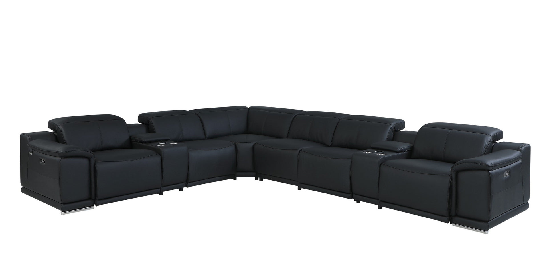 Black Italian Leather Power Reclining L Shaped Eight Piece Corner Sectional With Console By Homeroots | Sectional | Modishstore - 3