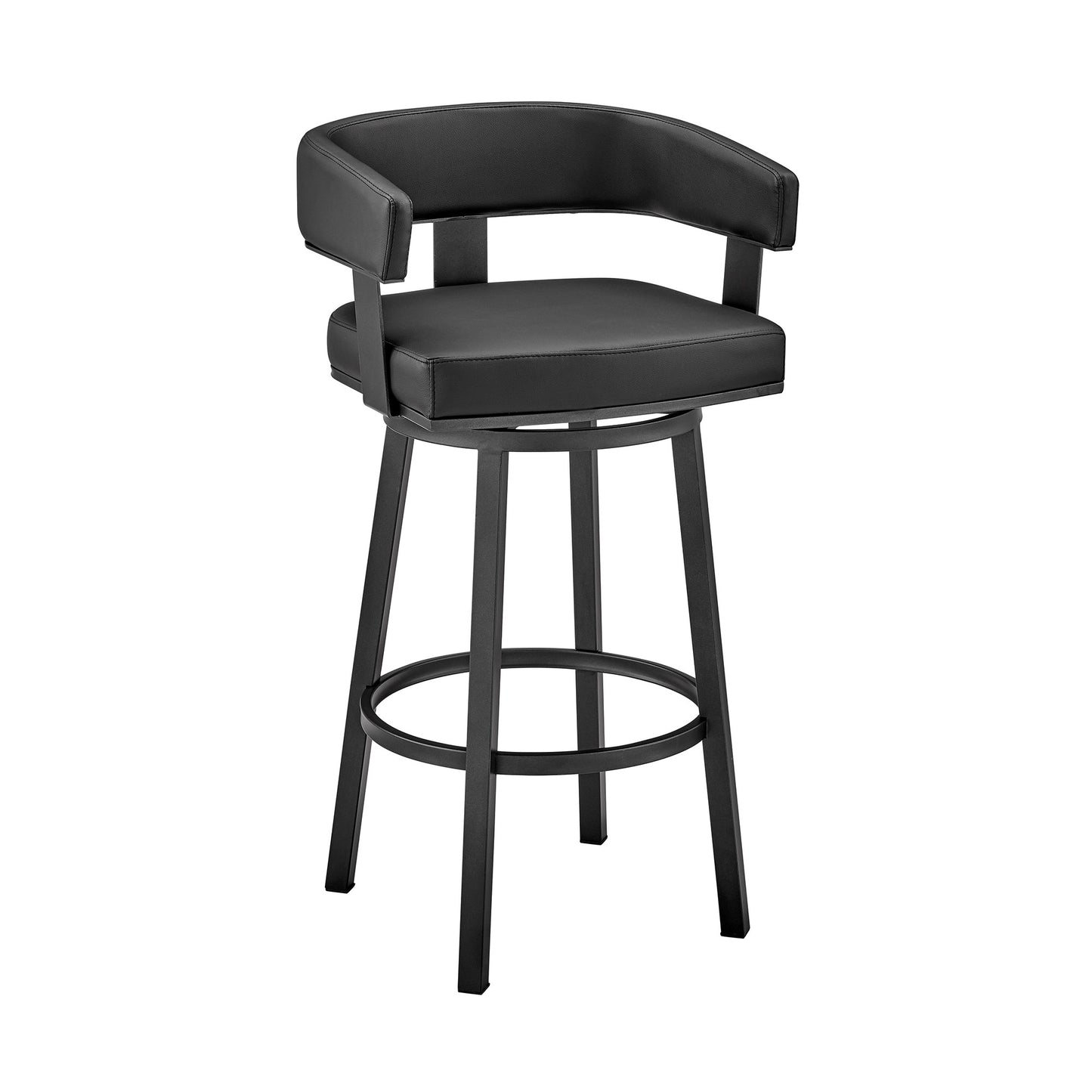 38" Black Faux Leather And Iron Swivel Low Back Bar Height Chair By Homeroots | Bar Stools | Modishstore