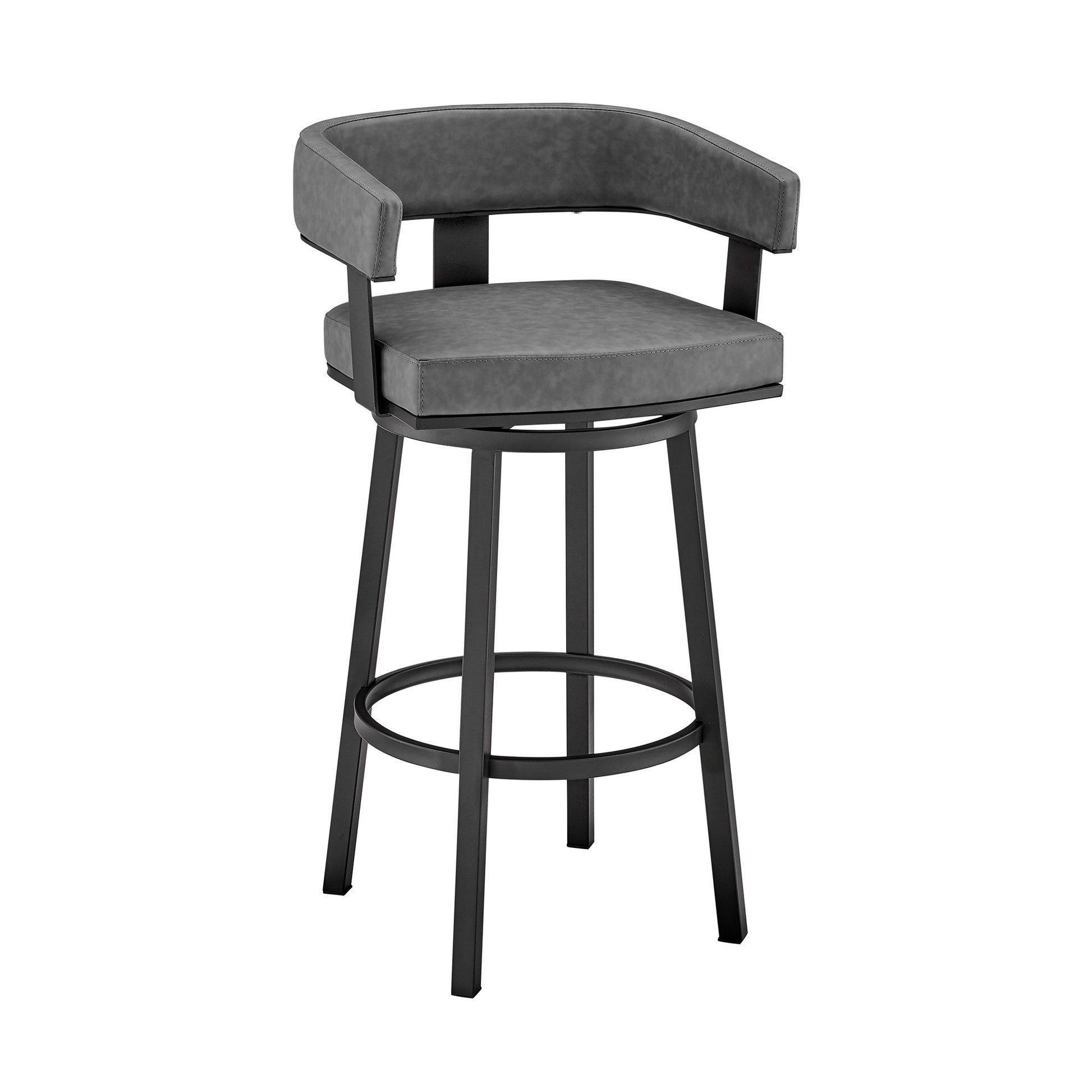 38" Gray Faux Leather And Iron Swivel Low Back Bar Height Chair By Homeroots | Bar Stools | Modishstore