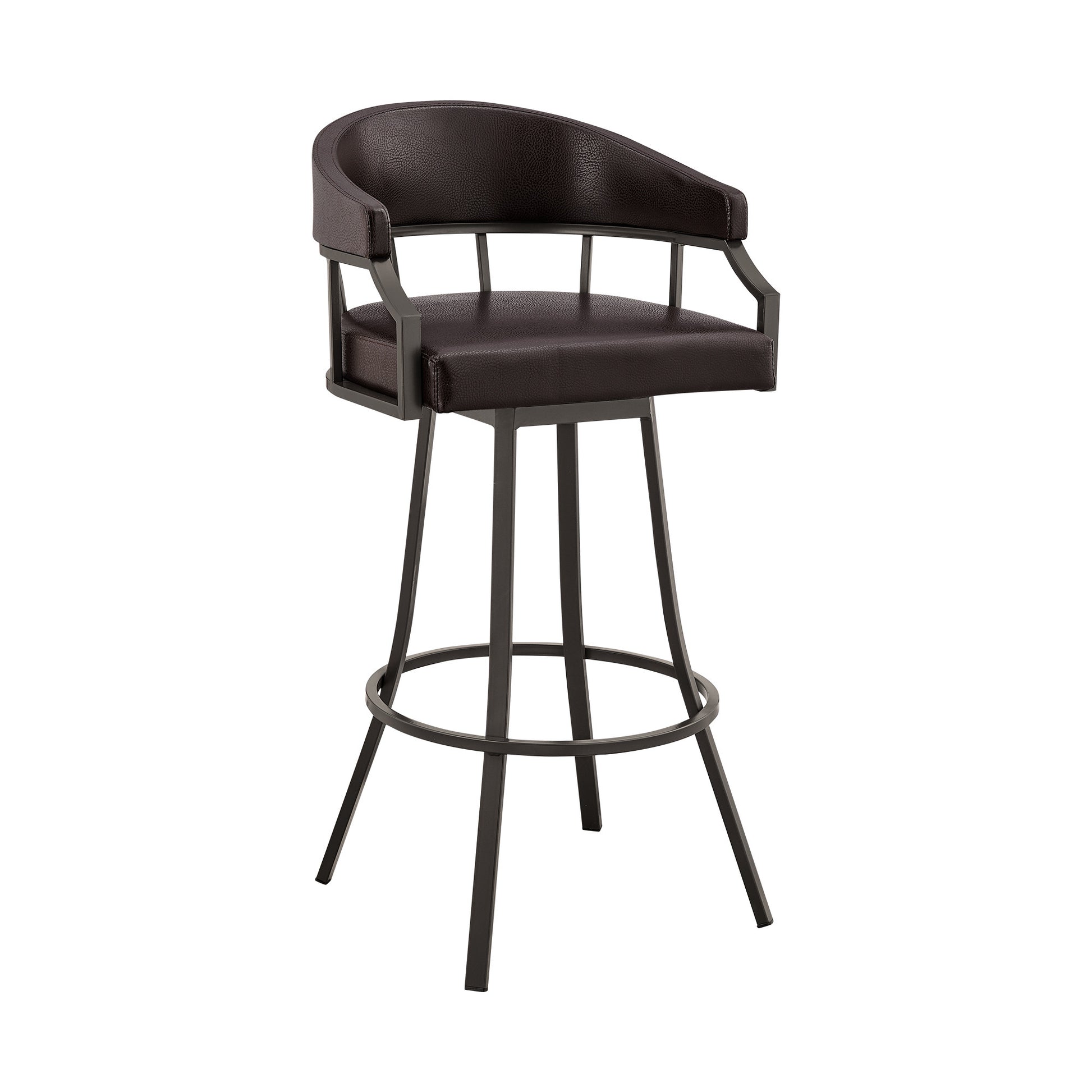 40" Brown Faux Leather And Iron Swivel Low Back Bar Height Chair By Homeroots | Bar Stools | Modishstore