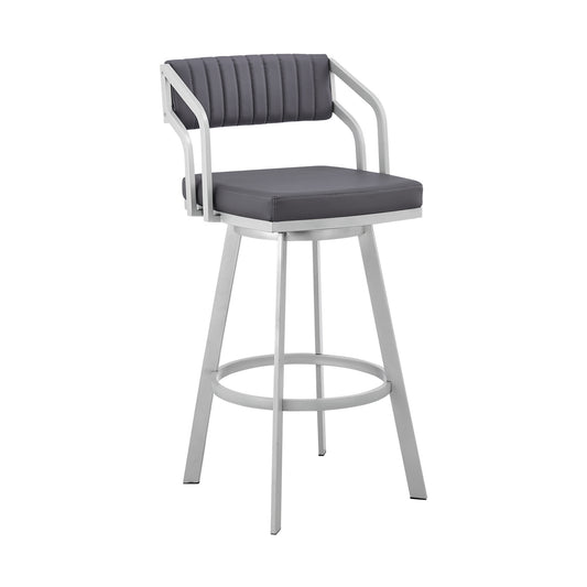 26" Timeless Slate Grey Faux Leather Silver Finish Swivel Bar Stool By Homeroots | Bar Stools | Modishstore