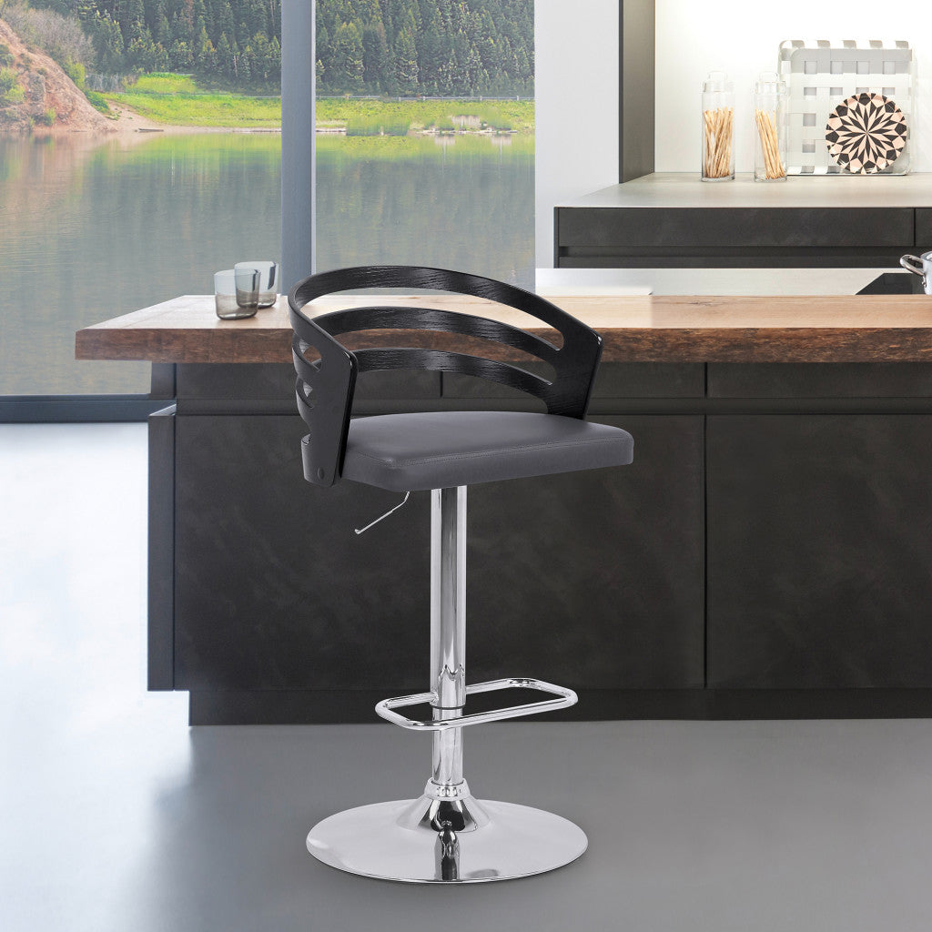 Gray Faux Leather Black Wood and Chrome Adjustable Swivel Bar Stool By Homeroots | Bar Stools | Modishstore