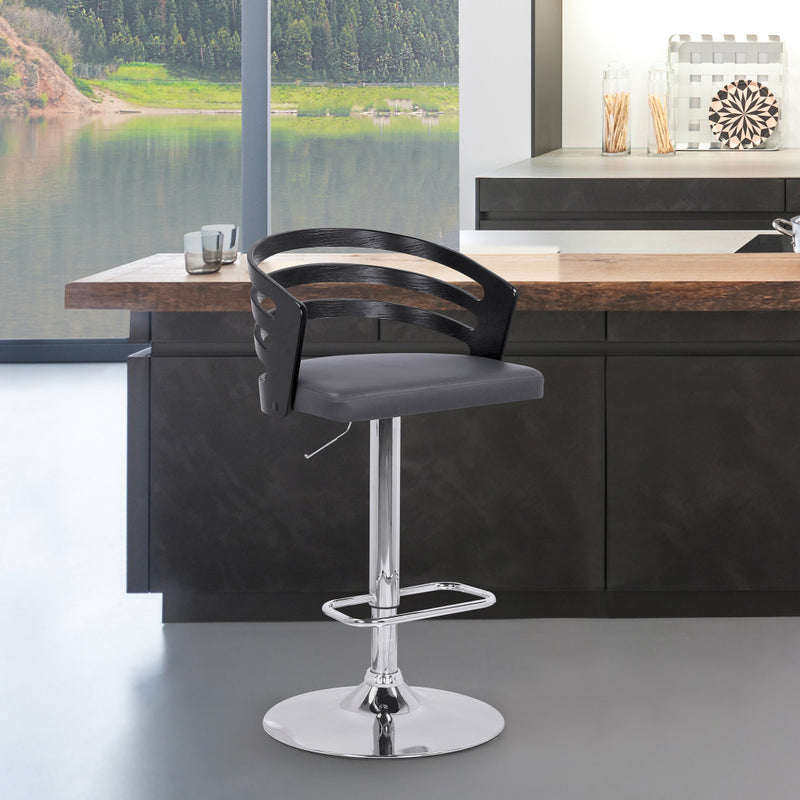 Gray Faux Leather Black Wood and Chrome Adjustable Swivel Bar